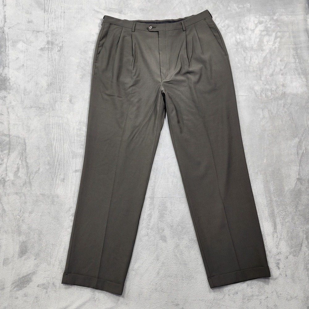 Haggar Pants Mens 40x29 Gray Classic Fit Pleated Cuffed Dress Wool Blend Office